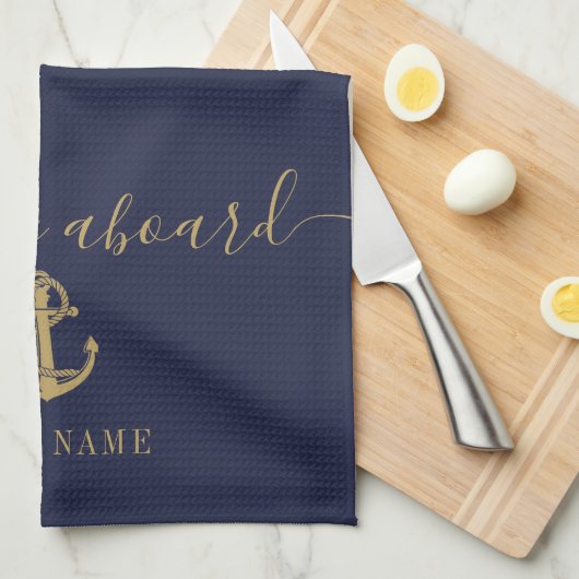 Nautische Bootnaam Marine Blauw Goud Welkom aan bo Theedoek (Quarter Fold)