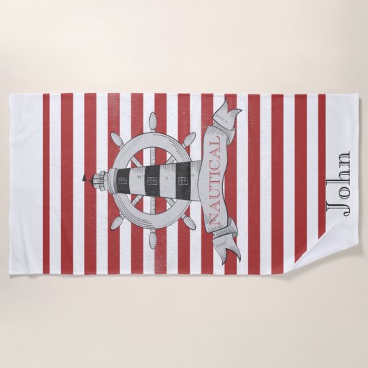 Nautische, bootwiel, rode en witte strepen strandlaken (Voorkant)