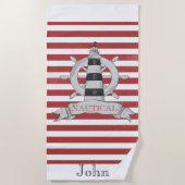 Nautische, bootwiel, rode en witte strepen strandlaken (Voorkant)