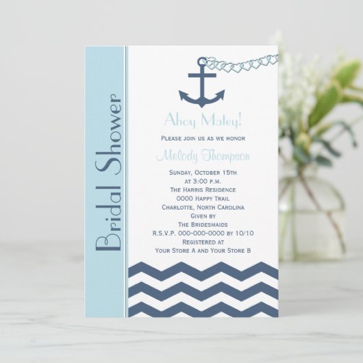 Nautische bruids douche uitnodiging, blauw kaart (Staand voorkant)