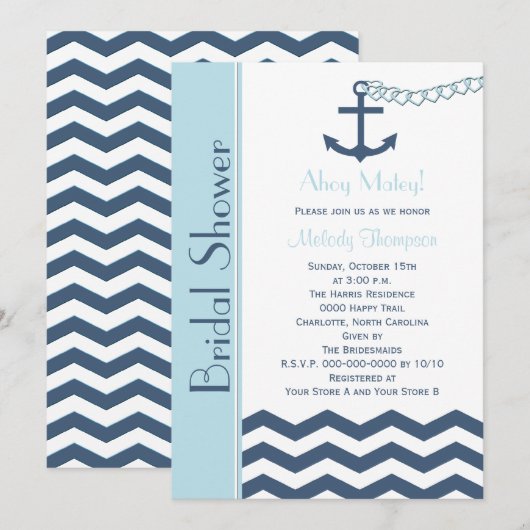 Nautische bruids douche uitnodiging, blauw kaart (Voorkant / Achterkant)