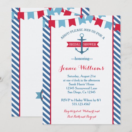Nautische Bruids Douche Uitnodiging rood en blauw (Voorkant / Achterkant)