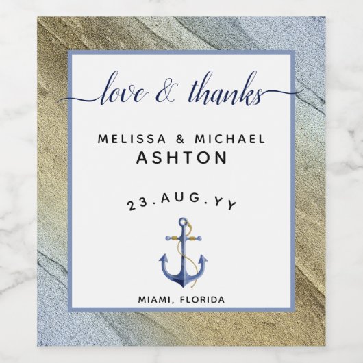 Nautische bruiloft anker blauw & goud wijn etiket (Enkel label)