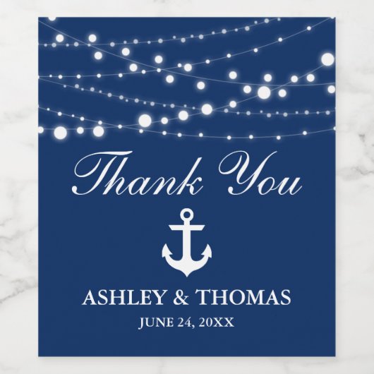 Nautische bruiloft anker lichten marine blauw dank wijn etiket (Enkel label)