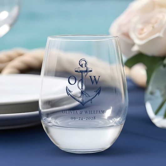 Nautische bruiloft anker monogram wijnglas zonder voet