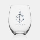 Nautische bruiloft anker monogram wijnglas zonder voet (Voorkant)