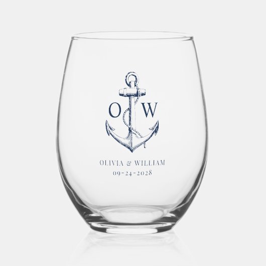 Nautische bruiloft anker monogram wijnglas zonder voet (Voorkant)