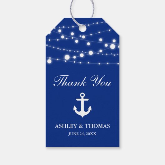 Nautische bruiloft anker string lampjes blauw cadeaulabel (Voorkant)