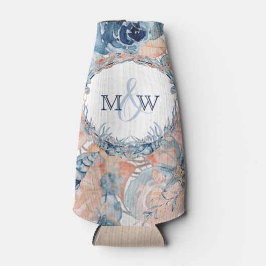 Nautische bruiloft Beach Seashell en Rozen Flesjeskoeler (Voorkant)