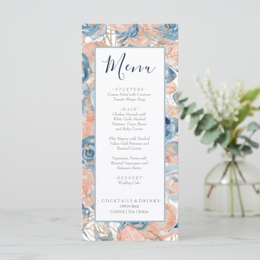 Nautische bruiloft Beach Seashell en Rozen Menu (Staand voorkant)