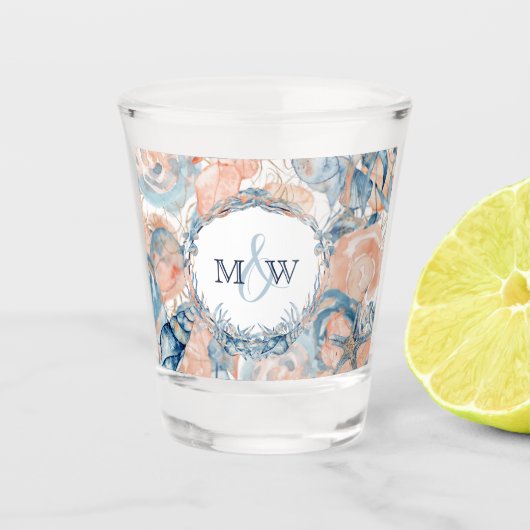 Nautische bruiloft Beach Seashell en Rozen Shot Glas (Voorkant)