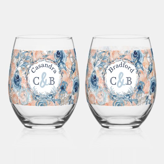 Nautische bruiloft Beach Seashell en Rozen Wijnglas Zonder Voet (Achterkant)