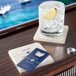 Nautische Bruiloft Blauw en Wit Groomsman Gift Creditkaart Flessenopener