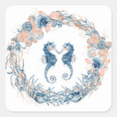 Nautische bruiloft Blauwe Waterverf Zeepaardjes Vierkante Sticker (Voorkant)