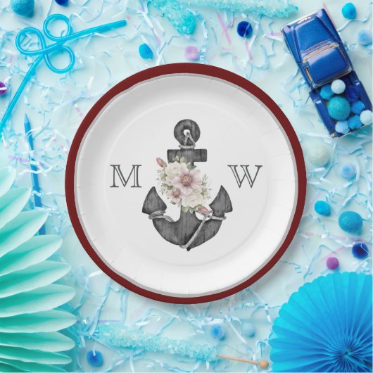nautische bruiloft bloemanker maroon rood wit papieren bordje (Feest)