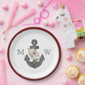 nautische bruiloft bloemanker maroon rood wit papieren bordje (Feest)