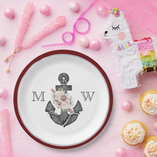 nautische bruiloft bloemanker maroon rood wit papieren bordje (Feest)