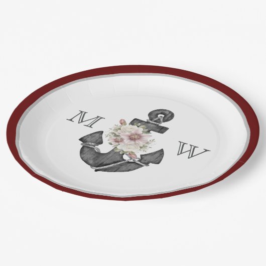 nautische bruiloft bloemanker maroon rood wit papieren bordje (Gekanteld)