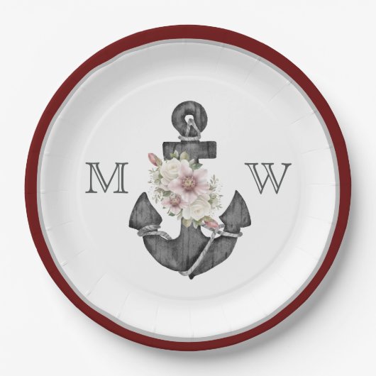 nautische bruiloft bloemanker maroon rood wit papieren bordje (Voorkant)