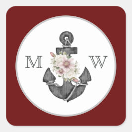 nautische bruiloft bloemanker maroon rood wit vierkante sticker