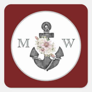 nautische bruiloft bloemanker maroon rood wit vierkante sticker