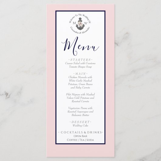 Nautische bruiloft bloemanker roze marine grijs menu (Voorkant)