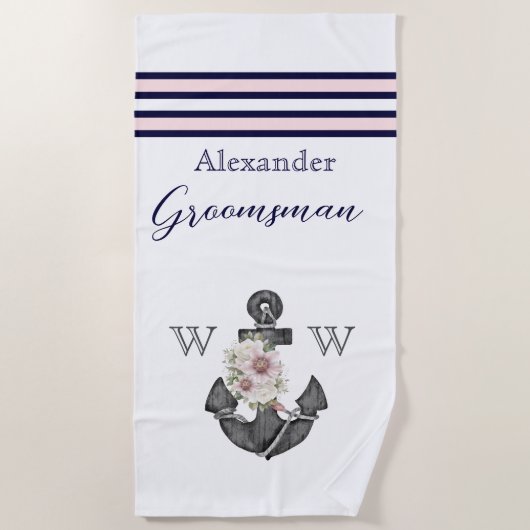nautische bruiloft bloemanker roze marine groomsma strandlaken (Voorkant)