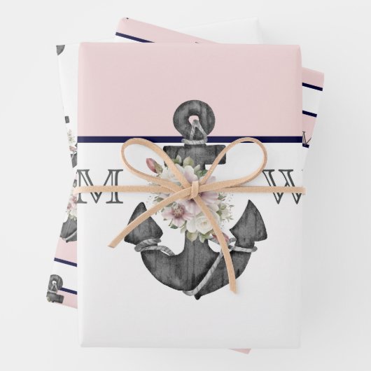 nautische bruiloft bloemanker roze marine inpakpapier vel (In situ)