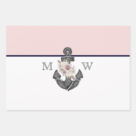 nautische bruiloft bloemanker roze marine inpakpapier vel (Voorkant)