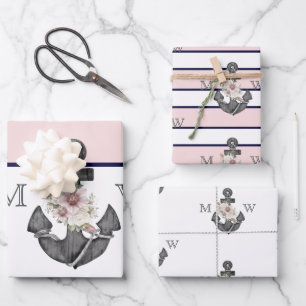 nautische bruiloft bloemanker roze marine inpakpapier vel