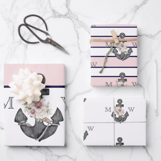 nautische bruiloft bloemanker roze marine inpakpapier vel (Voorkant)