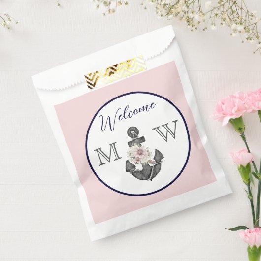 nautische bruiloft bloemanker roze marine welkom bedankzakje