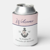 nautische bruiloft bloemanker roze marine welkom blikjeskoeler (Blikje Voorkant)