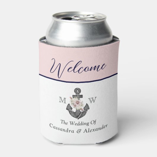 nautische bruiloft bloemanker roze marine welkom blikjeskoeler (Blikje Voorkant)