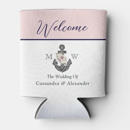 nautische bruiloft bloemanker roze marine welkom blikjeskoeler (Voorkant)