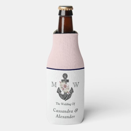 nautische bruiloft bloemanker roze marine welkom flesjeskoeler (Fles Voorkant)