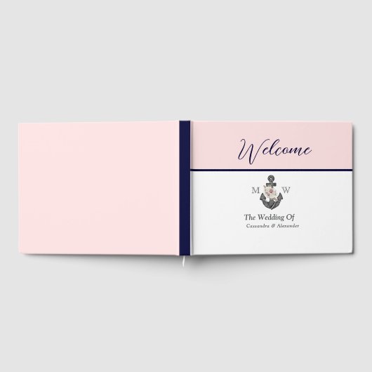 nautische bruiloft bloemanker roze marine welkom gastenboek (Volledig)