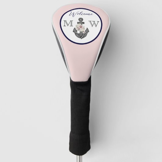 nautische bruiloft bloemanker roze marine welkom golfheadcover (Voorkant)