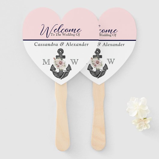 nautische bruiloft bloemanker roze marine welkom handwaaier (Voorkant en achterkant)