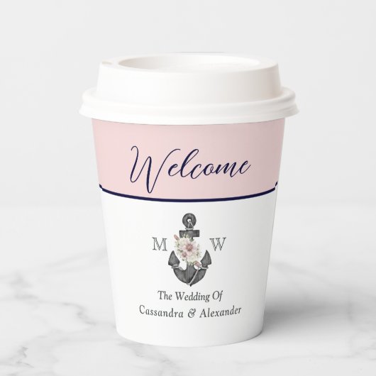 nautische bruiloft bloemanker roze marine welkom papieren bekers (Achterkant)