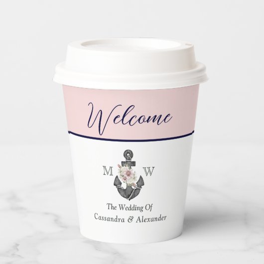 nautische bruiloft bloemanker roze marine welkom papieren bekers (Voorkant)