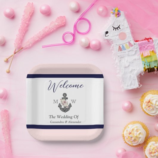 nautische bruiloft bloemanker roze marine welkom papieren bordje (Feest)