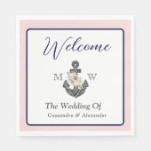 nautische bruiloft bloemanker roze marine welkom servet (Voorkant)