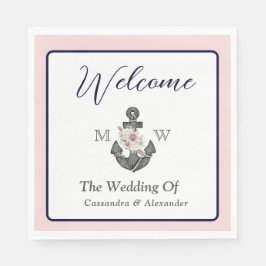 nautische bruiloft bloemanker roze marine welkom servet