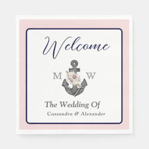 nautische bruiloft bloemanker roze marine welkom servet