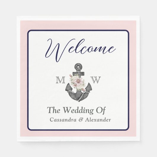 nautische bruiloft bloemanker roze marine welkom servet (Voorkant)