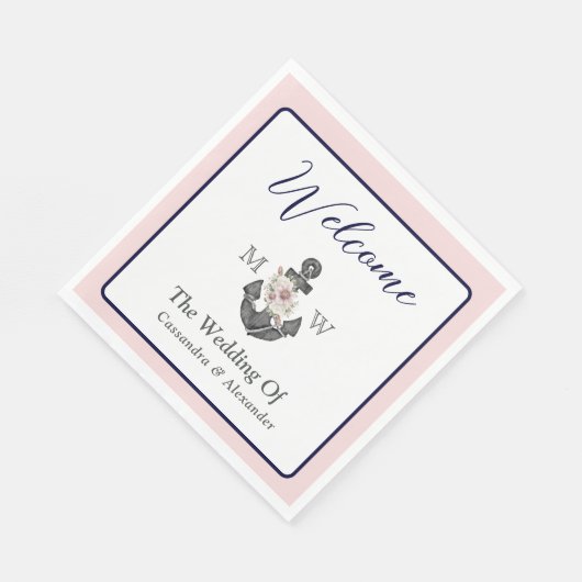 nautische bruiloft bloemanker roze marine welkom servet (Hoek)