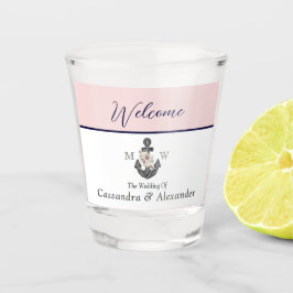 nautische bruiloft bloemanker roze marine welkom shot glas