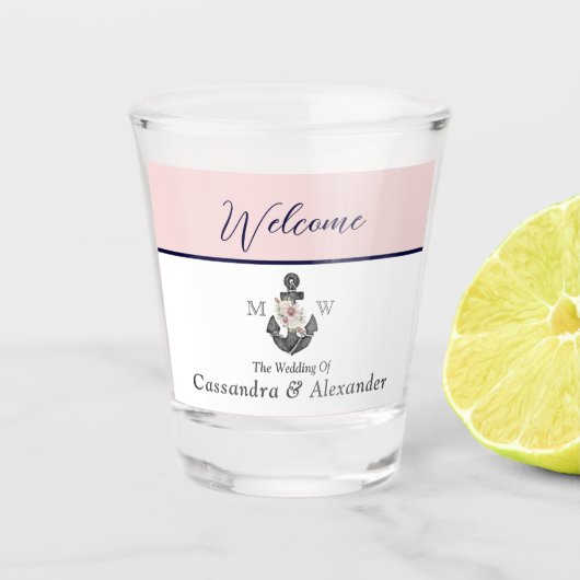 nautische bruiloft bloemanker roze marine welkom shot glas (Voorkant)