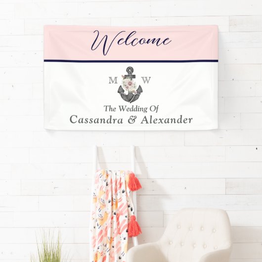 nautische bruiloft bloemanker roze marine welkom spandoek (Insitu)